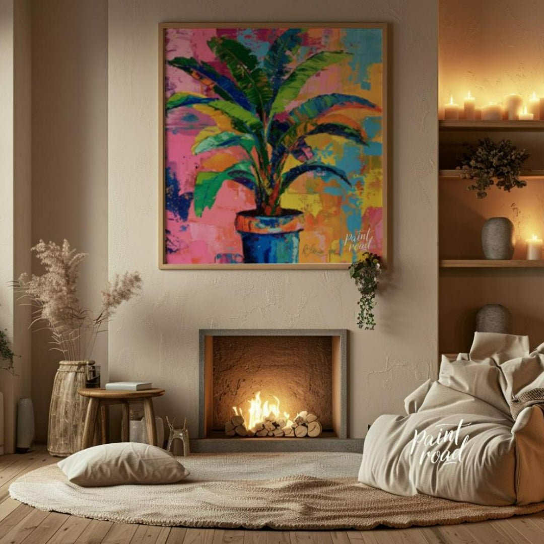 "Chromatic Plant" presents a vibrant depiction of a potted plant against a backdrop of abstract, co… for living room