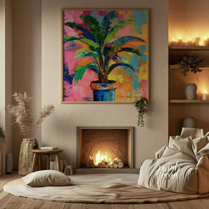 "Chromatic Plant" presents a vibrant depiction of a potted plant against a backdrop of abstract, co… for living room