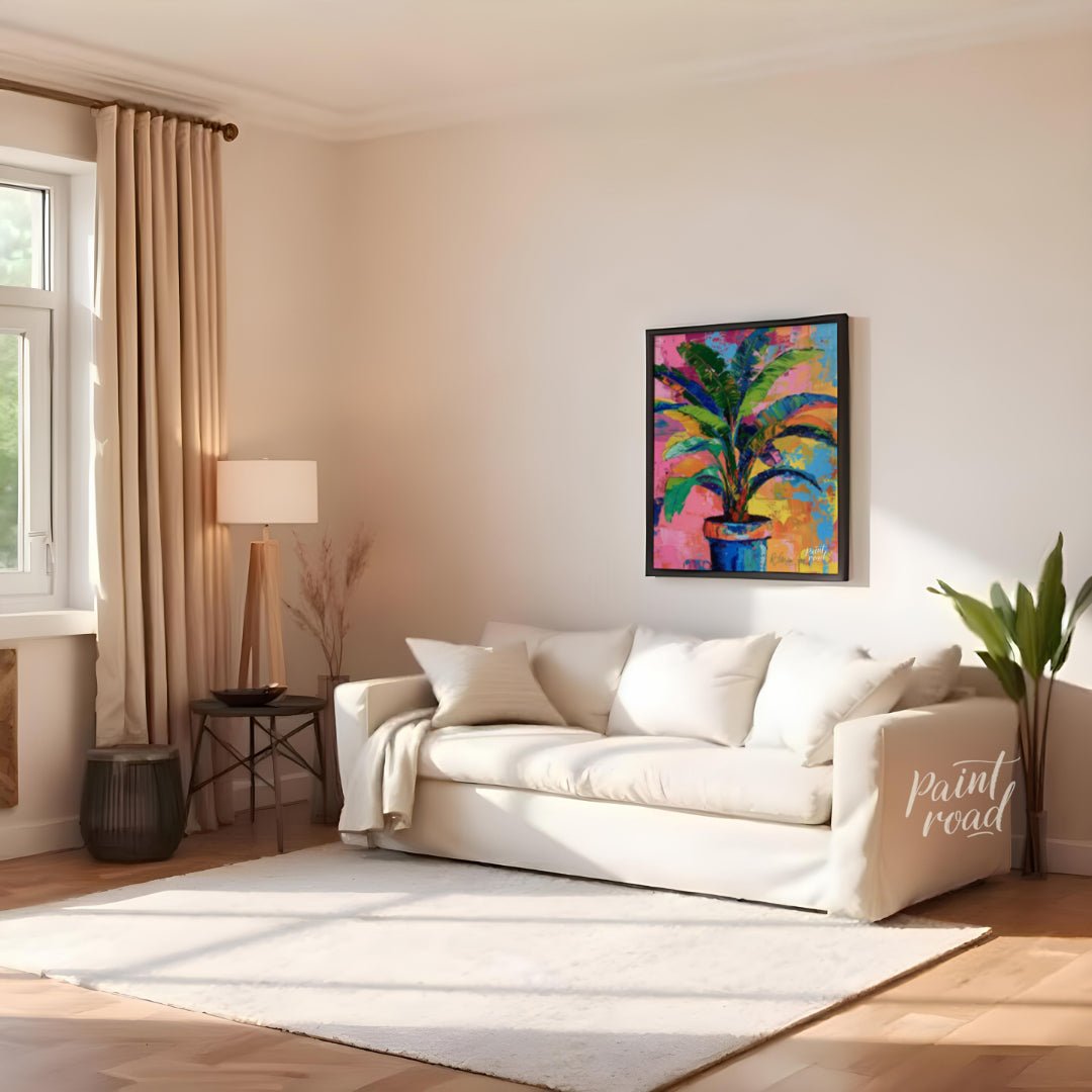 "Chromatic Plant" presents a vibrant depiction of a potted plant against a backdrop of abstract, co… for living room