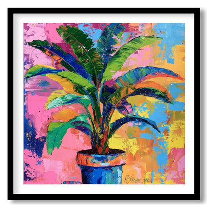 "Chromatic Plant" presents a vibrant depiction of a potted plant against a backdrop of abstract, co… for room