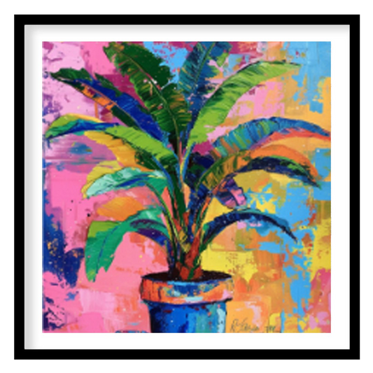 "Chromatic Plant" presents a vibrant depiction of a potted plant against a backdrop of abstract, co… for room