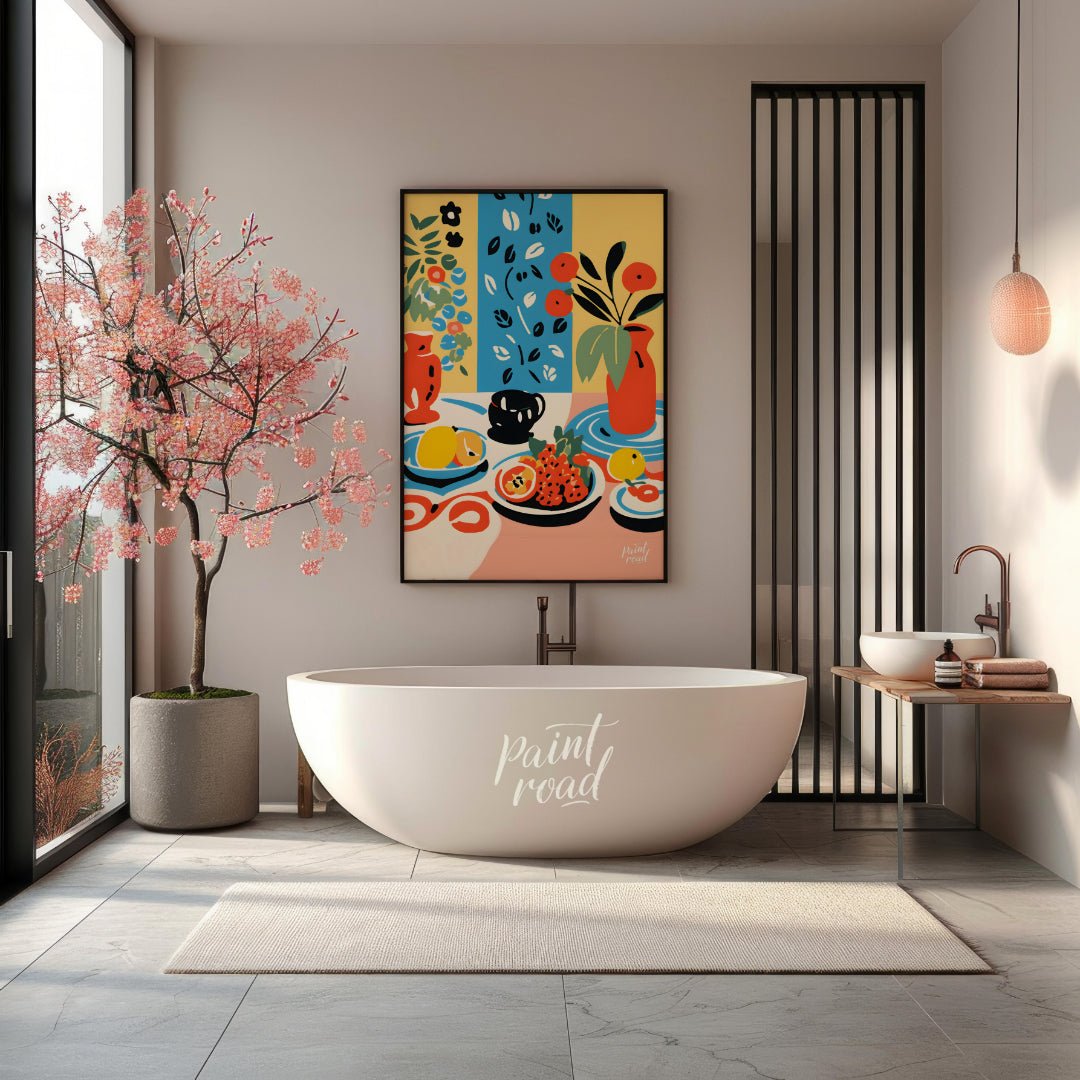 This vibrant digital illustration depicts a still life scene with an array of objects, including va… for bathroom