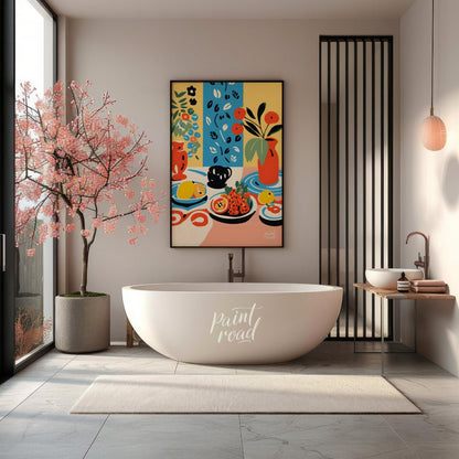 This vibrant digital illustration depicts a still life scene with an array of objects, including va… for bathroom