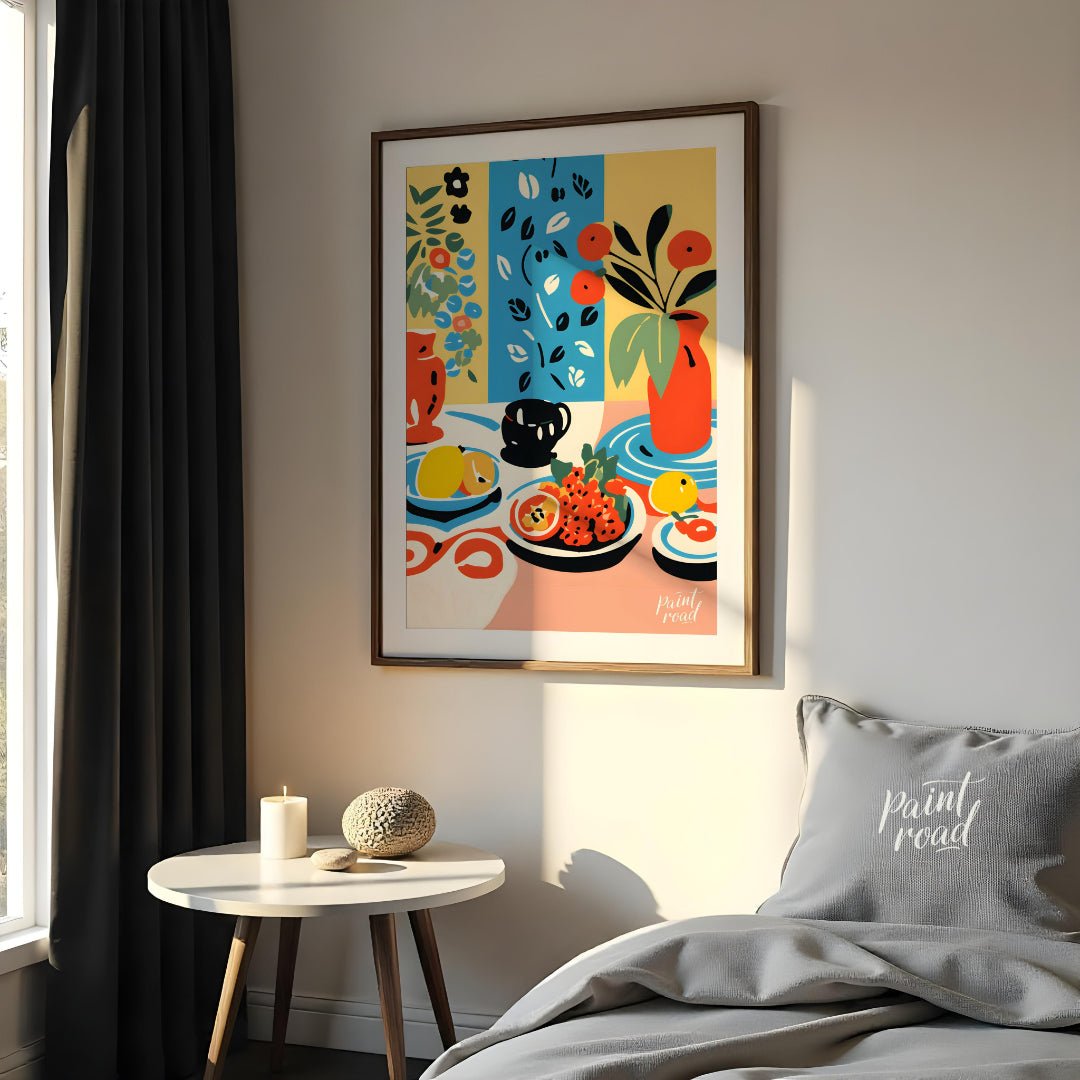 This vibrant digital illustration depicts a still life scene with an array of objects, including va… for bedroom