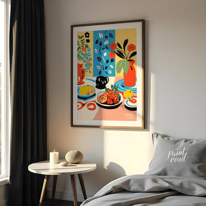 This vibrant digital illustration depicts a still life scene with an array of objects, including va… for bedroom