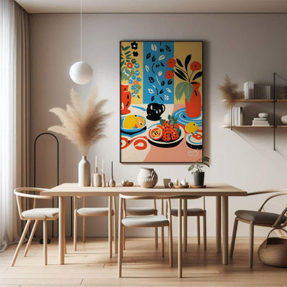 This vibrant digital illustration depicts a still life scene with an array of objects, including va… for dining room