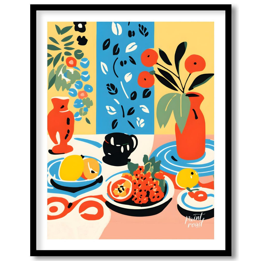 This vibrant digital illustration depicts a still life scene with an array of objects, including va… for home