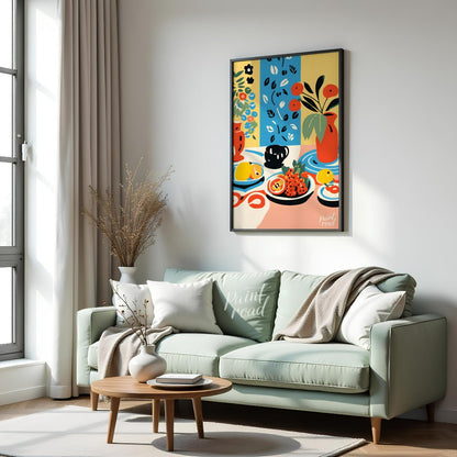 This vibrant digital illustration depicts a still life scene with an array of objects, including va… for living room