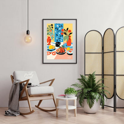 This vibrant digital illustration depicts a still life scene with an array of objects, including va… for living room