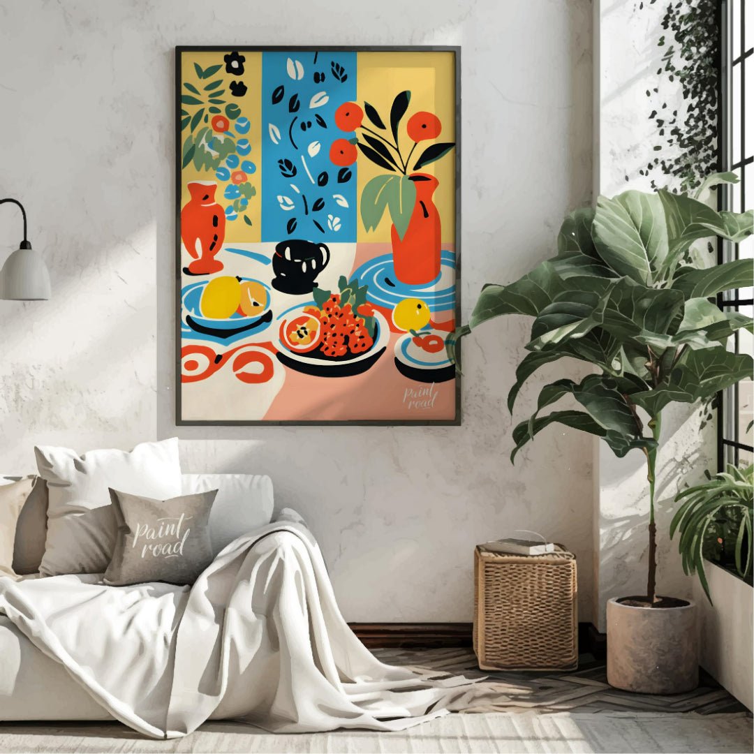 This vibrant digital illustration depicts a still life scene with an array of objects, including va… for living room