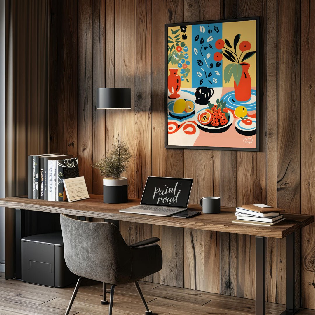 This vibrant digital illustration depicts a still life scene with an array of objects, including va… for office