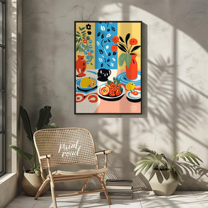This vibrant digital illustration depicts a still life scene with an array of objects, including va… for other