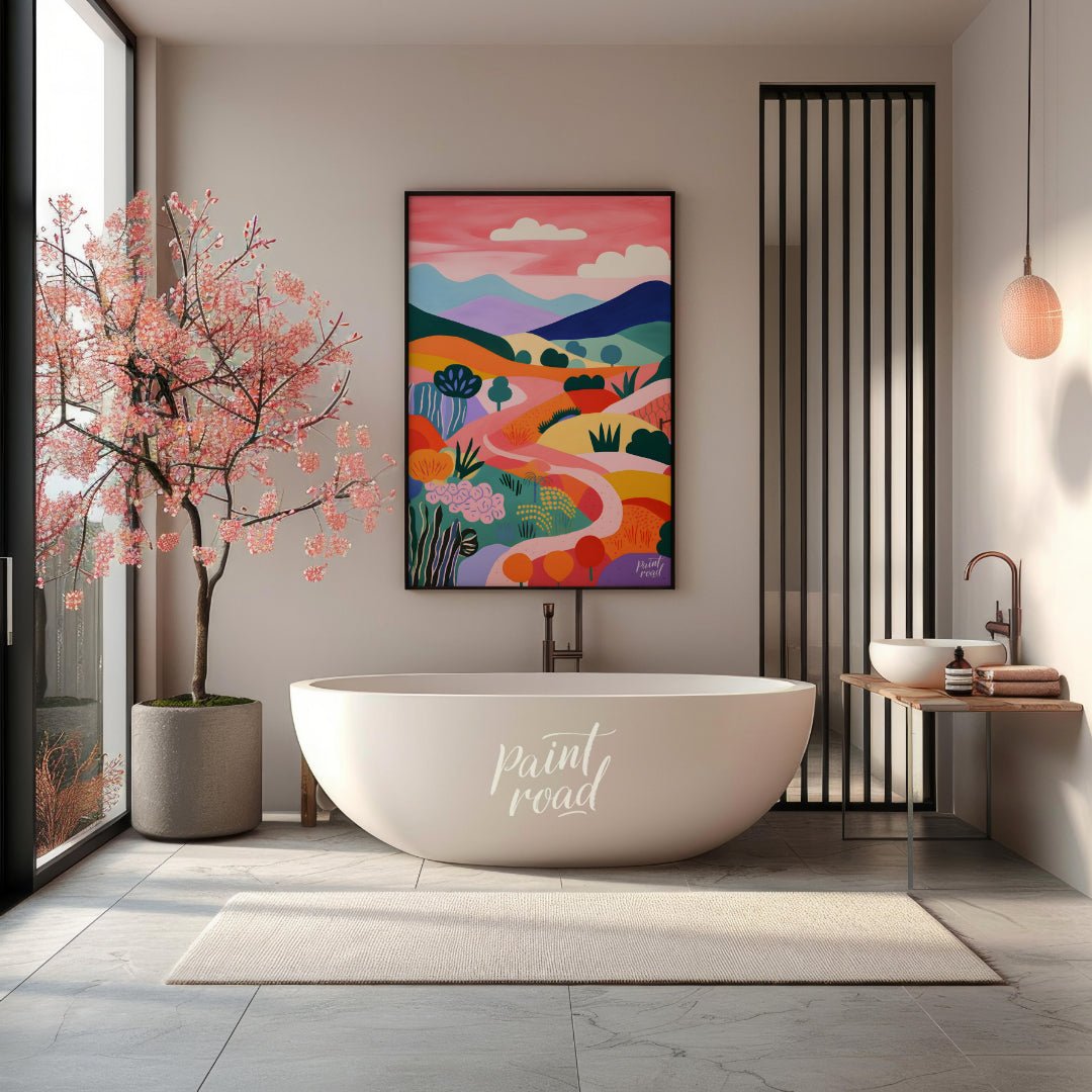 This vibrant digital illustration depicts a stylized landscape with rolling hills, winding paths, a… for bathroom