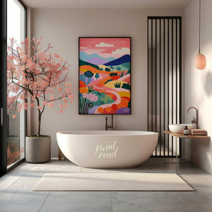This vibrant digital illustration depicts a stylized landscape with rolling hills, winding paths, a… for bathroom