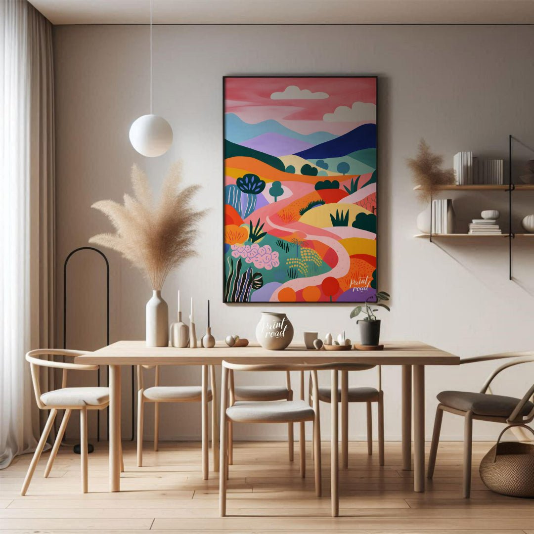 This vibrant digital illustration depicts a stylized landscape with rolling hills, winding paths, a… for dining room