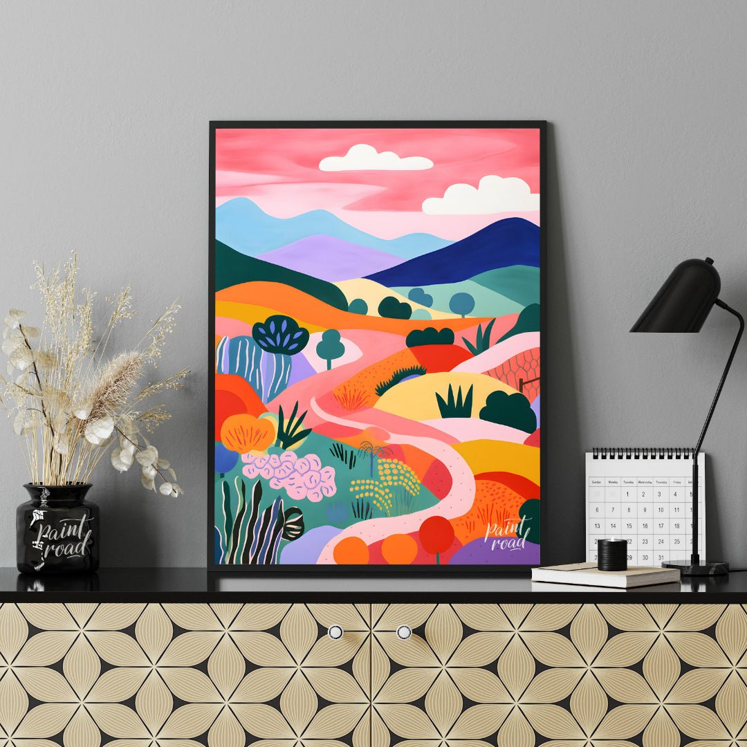 This vibrant digital illustration depicts a stylized landscape with rolling hills, winding paths, a… for living room