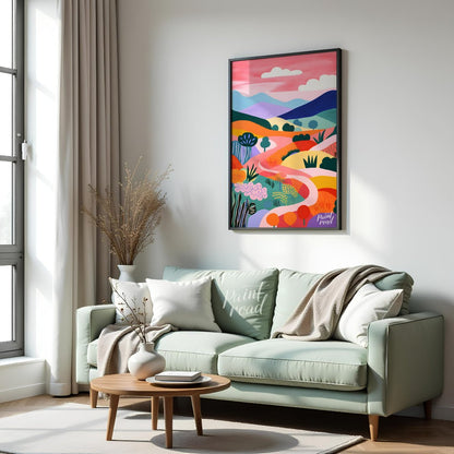 This vibrant digital illustration depicts a stylized landscape with rolling hills, winding paths, a… for living room