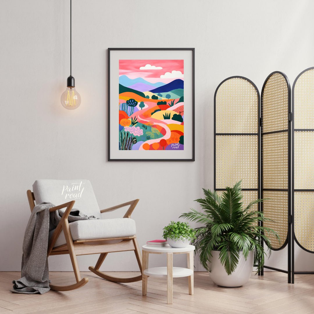 This vibrant digital illustration depicts a stylized landscape with rolling hills, winding paths, a… for living room