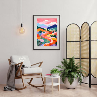 This vibrant digital illustration depicts a stylized landscape with rolling hills, winding paths, a… for living room