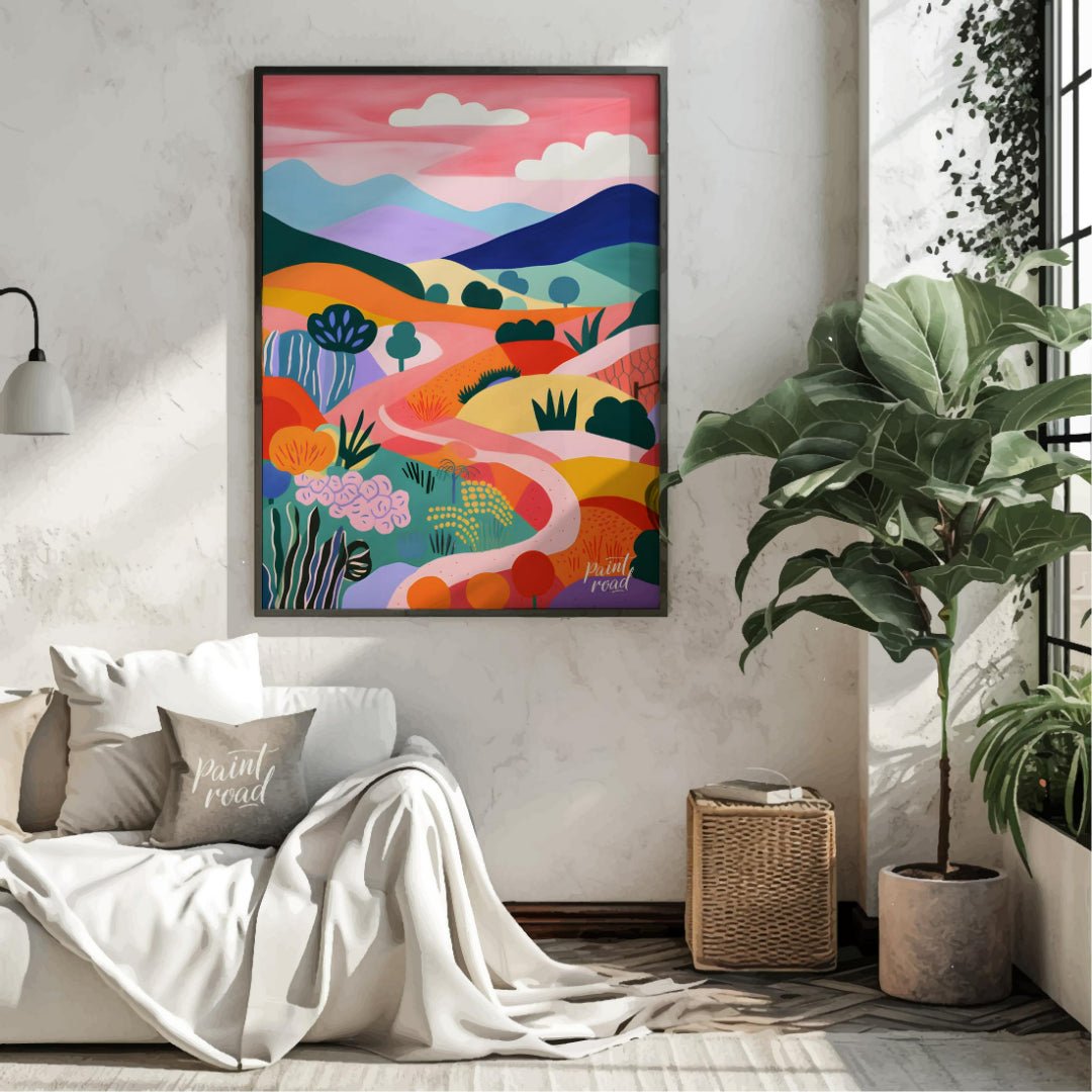 This vibrant digital illustration depicts a stylized landscape with rolling hills, winding paths, a… for living room