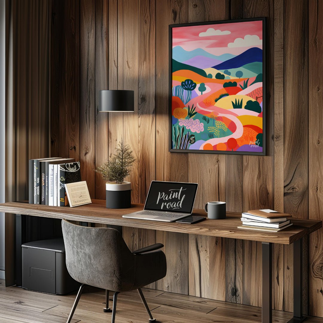 This vibrant digital illustration depicts a stylized landscape with rolling hills, winding paths, a… for office