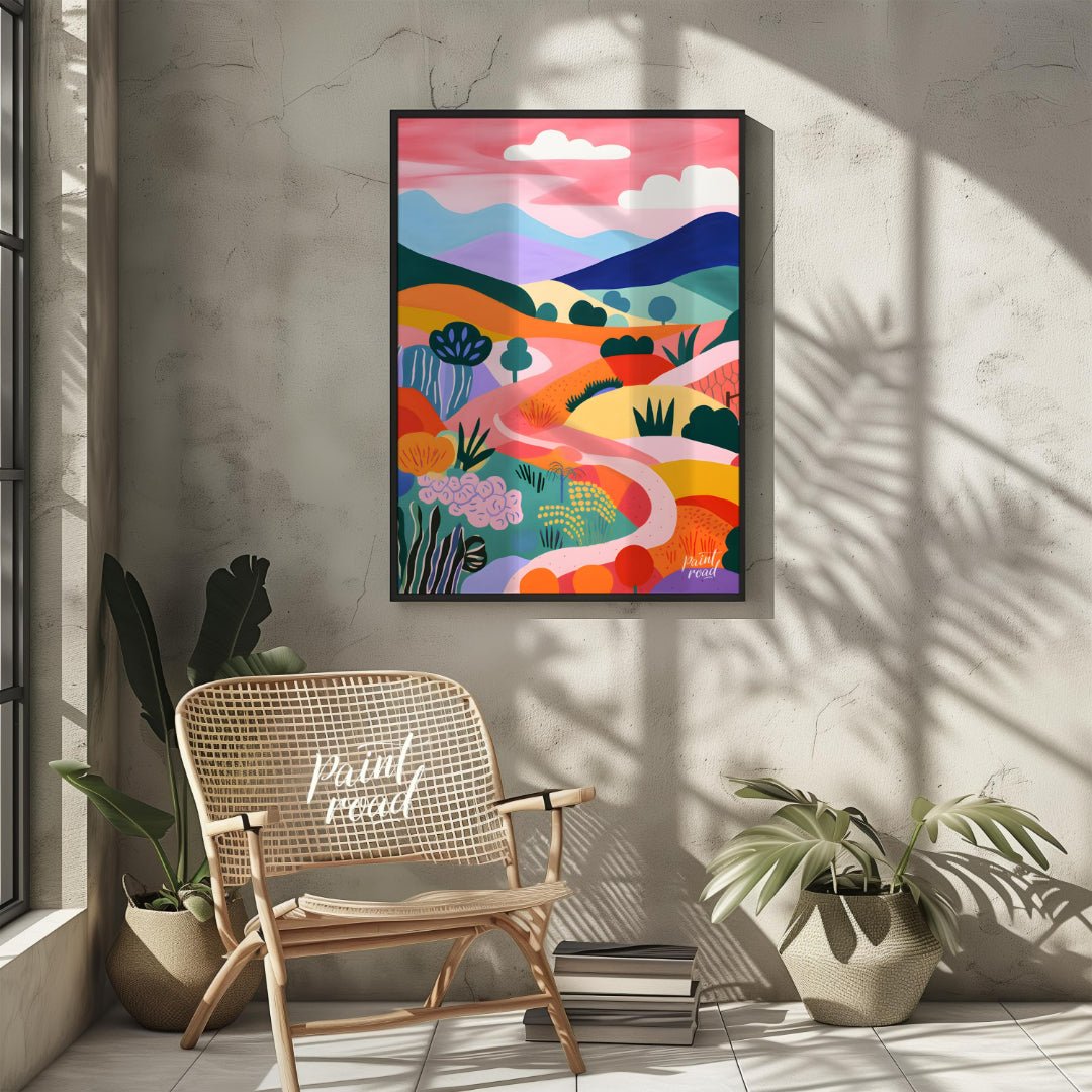 This vibrant digital illustration depicts a stylized landscape with rolling hills, winding paths, a… for other