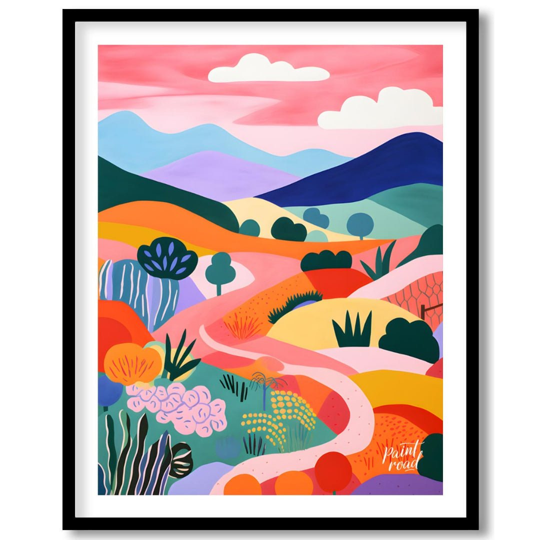 This vibrant digital illustration depicts a stylized landscape with rolling hills, winding paths, a… for space