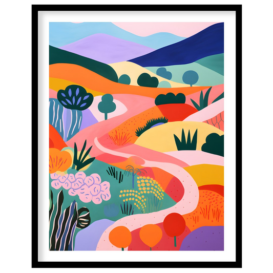 This vibrant digital illustration depicts a stylized landscape with rolling hills, winding paths, a… for space