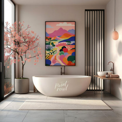 This vibrant digital illustration depicts a stylized landscape with rolling hills, winding trails, … for bathroom