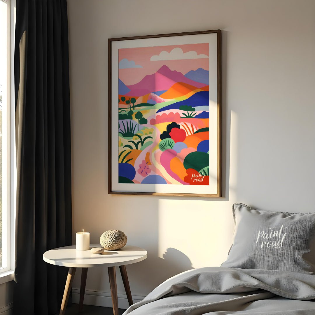 This vibrant digital illustration depicts a stylized landscape with rolling hills, winding trails, … for bedroom