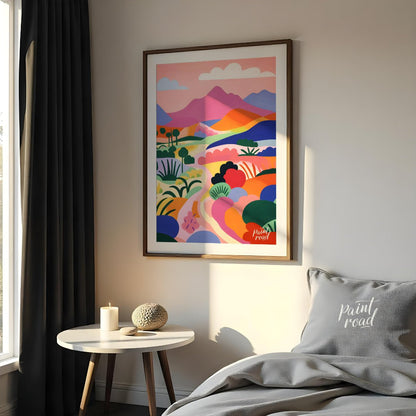 This vibrant digital illustration depicts a stylized landscape with rolling hills, winding trails, … for bedroom