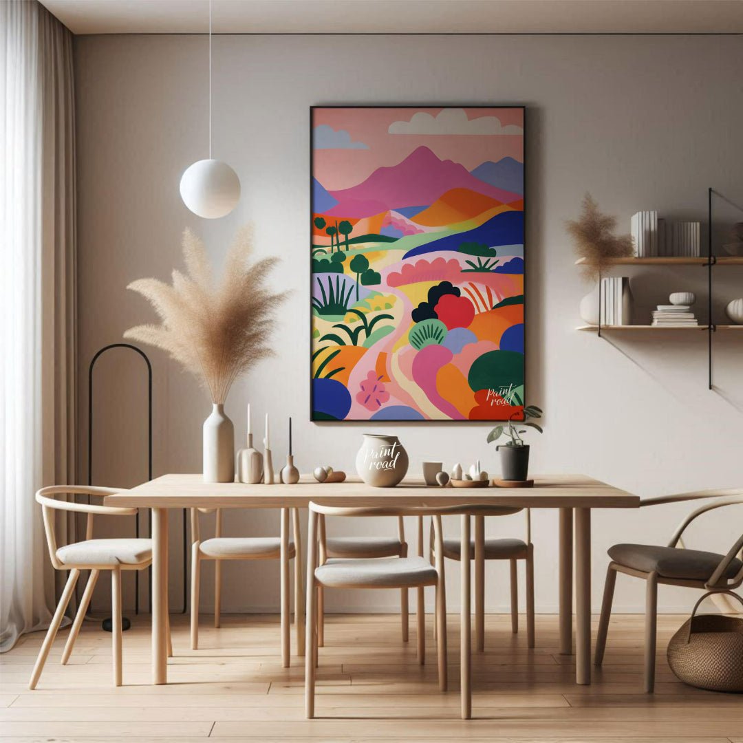 This vibrant digital illustration depicts a stylized landscape with rolling hills, winding trails, … for dining room
