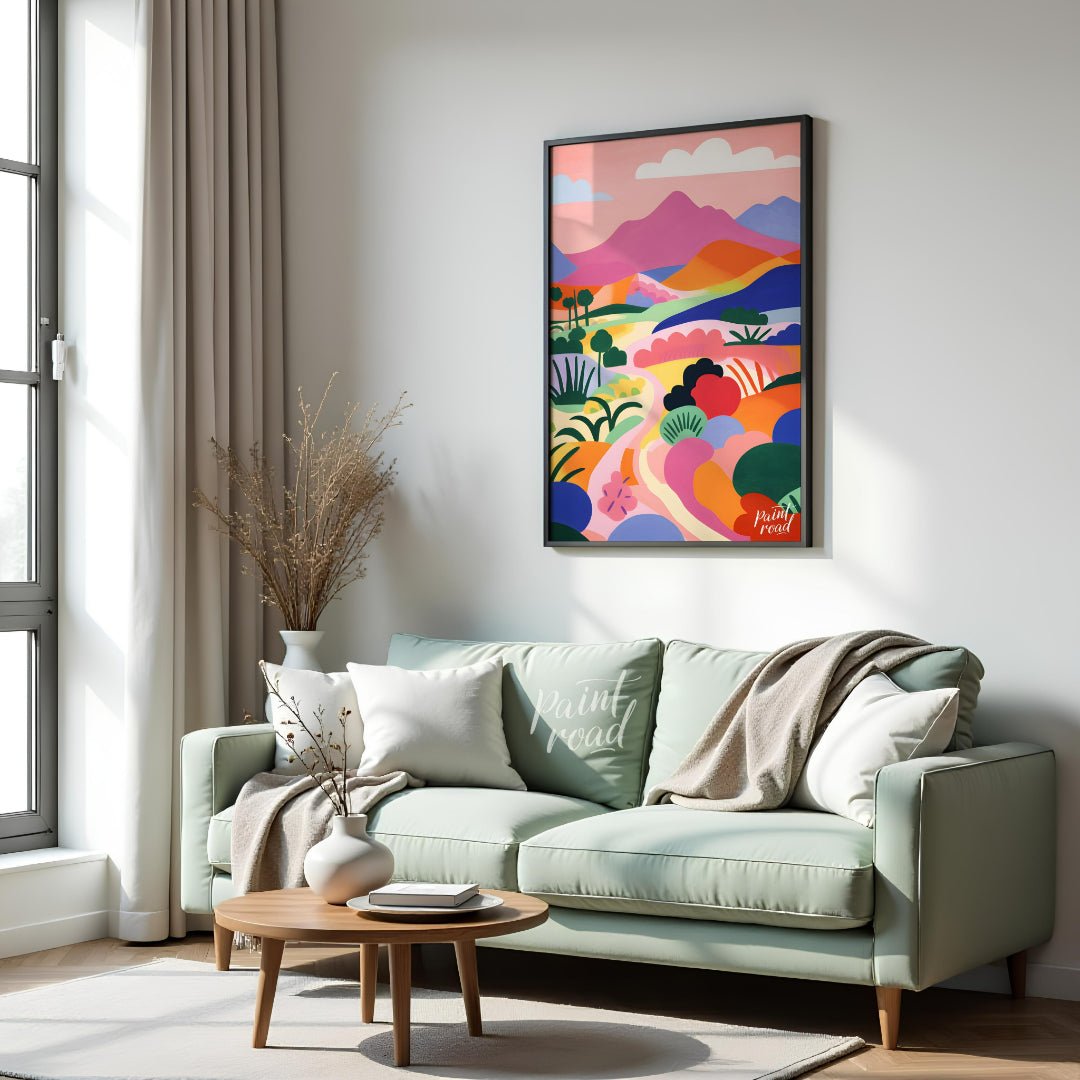 This vibrant digital illustration depicts a stylized landscape with rolling hills, winding trails, … for living room