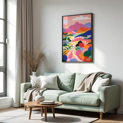 This vibrant digital illustration depicts a stylized landscape with rolling hills, winding trails, … for living room