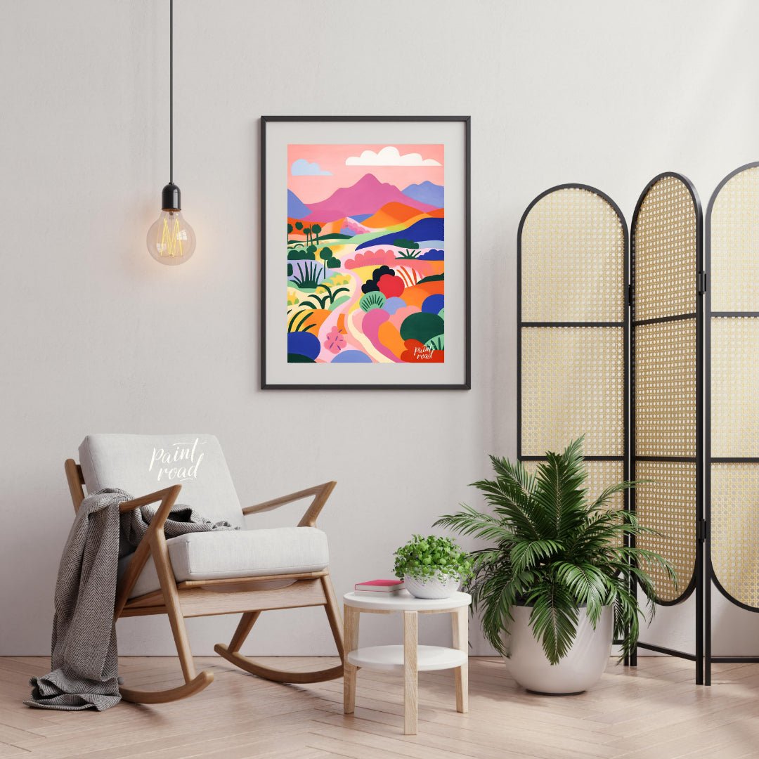 This vibrant digital illustration depicts a stylized landscape with rolling hills, winding trails, … for living room