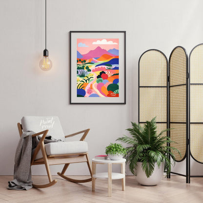 This vibrant digital illustration depicts a stylized landscape with rolling hills, winding trails, … for living room