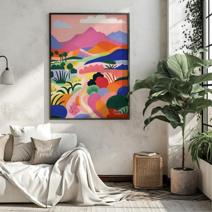 This vibrant digital illustration depicts a stylized landscape with rolling hills, winding trails, … for living room