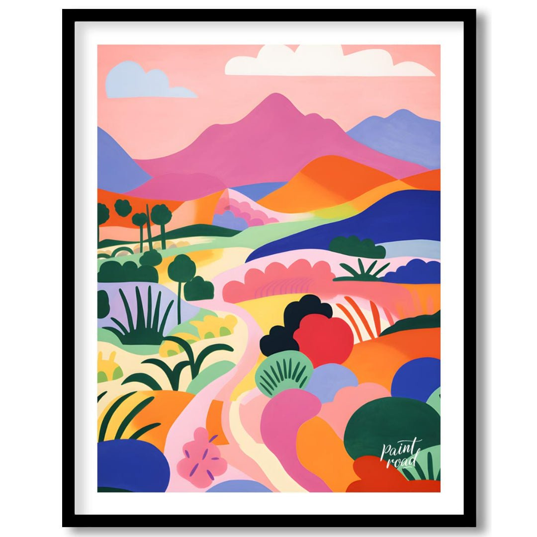 This vibrant digital illustration depicts a stylized landscape with rolling hills, winding trails, … for lovely house