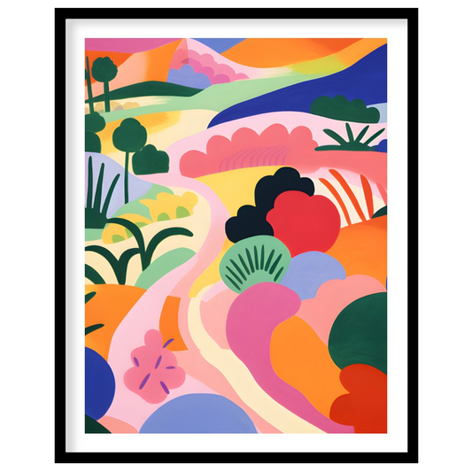 This vibrant digital illustration depicts a stylized landscape with rolling hills, winding trails, … for lovely house