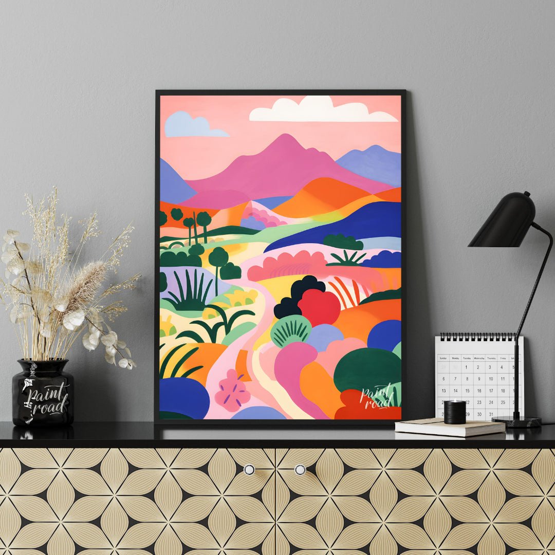 This vibrant digital illustration depicts a stylized landscape with rolling hills, winding trails, … for office