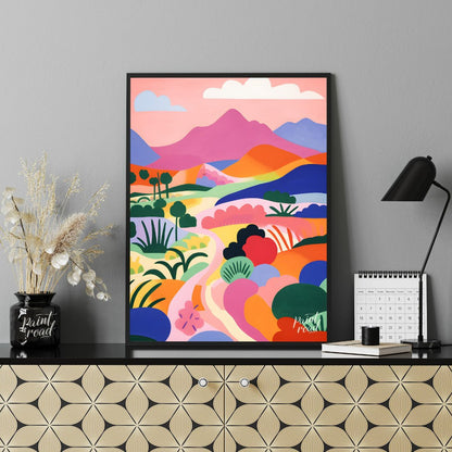 This vibrant digital illustration depicts a stylized landscape with rolling hills, winding trails, … for office
