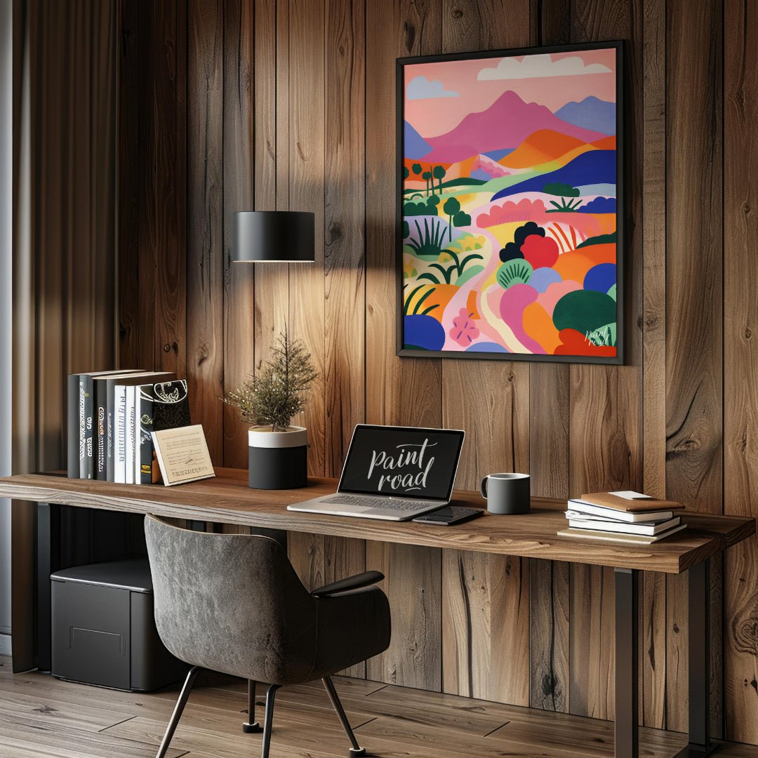 This vibrant digital illustration depicts a stylized landscape with rolling hills, winding trails, … for office