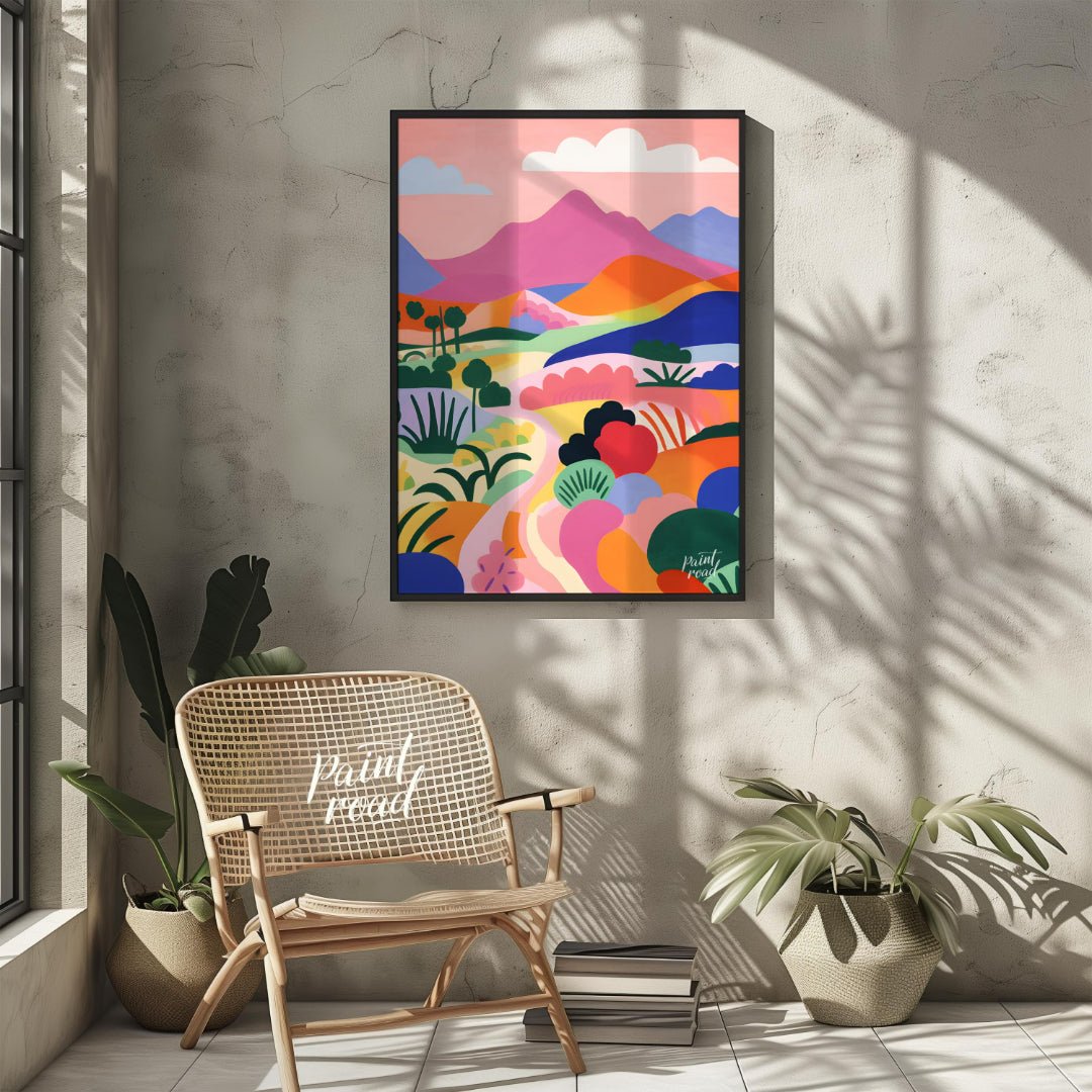 This vibrant digital illustration depicts a stylized landscape with rolling hills, winding trails, … for other