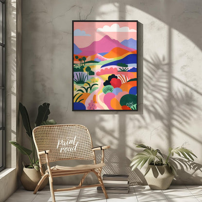 This vibrant digital illustration depicts a stylized landscape with rolling hills, winding trails, … for other
