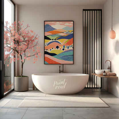 This vibrant digital illustration depicts a stylized landscape with rolling hills, dotted with tree… for bathroom