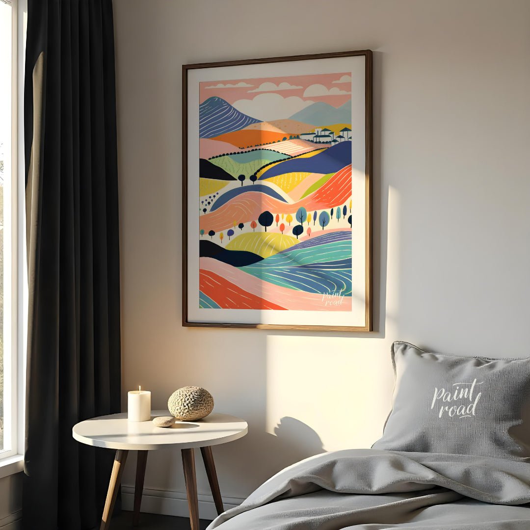This vibrant digital illustration depicts a stylized landscape with rolling hills, dotted with tree… for bedroom