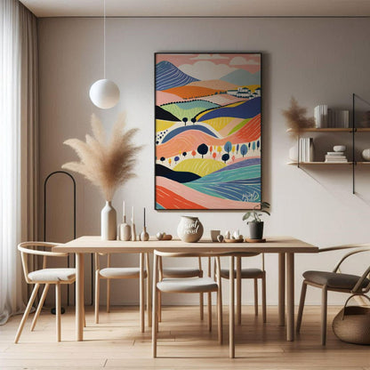 This vibrant digital illustration depicts a stylized landscape with rolling hills, dotted with tree… for dining room