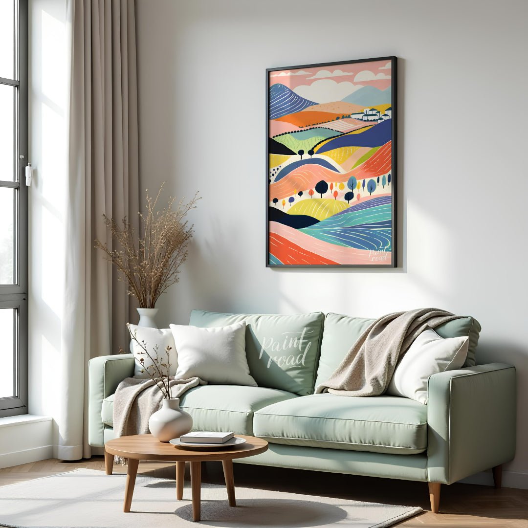 This vibrant digital illustration depicts a stylized landscape with rolling hills, dotted with tree… for living room