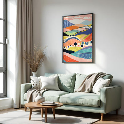 This vibrant digital illustration depicts a stylized landscape with rolling hills, dotted with tree… for living room