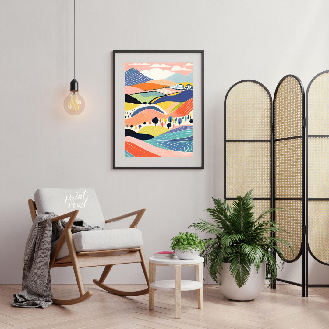 This vibrant digital illustration depicts a stylized landscape with rolling hills, dotted with tree… for living room